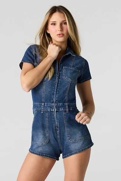 Stretch Denim Zip-Up Romper