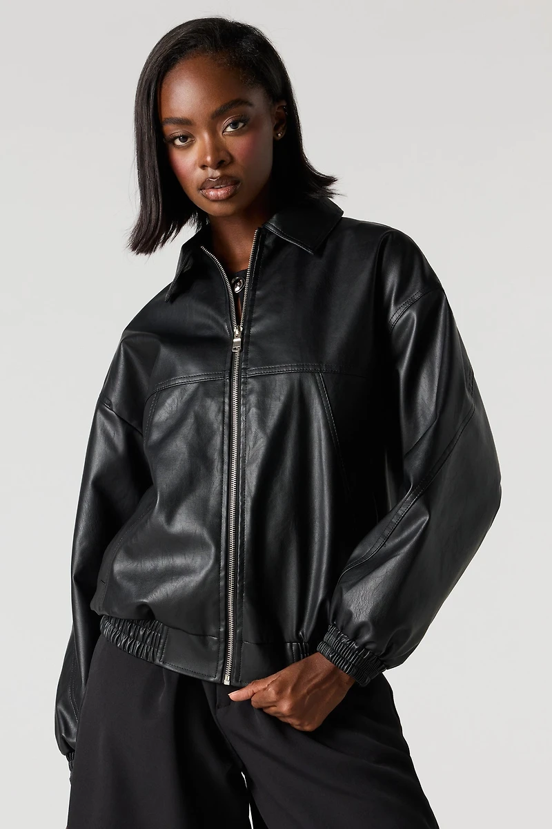 Faux Leather Collared Bomber Jacket