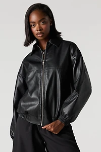 Faux Leather Collared Bomber Jacket