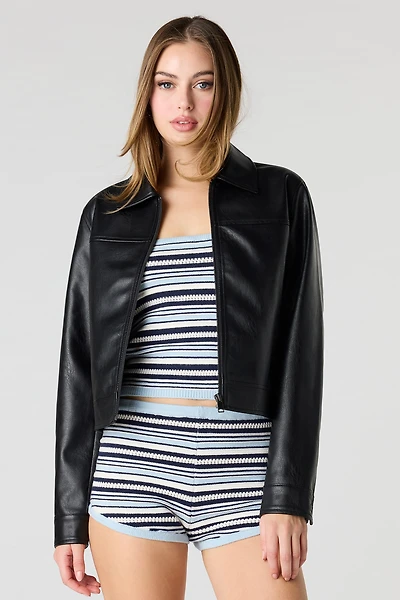 Boxy Faux Leather Collared Jacket