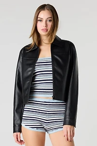 Boxy Faux Leather Collared Jacket