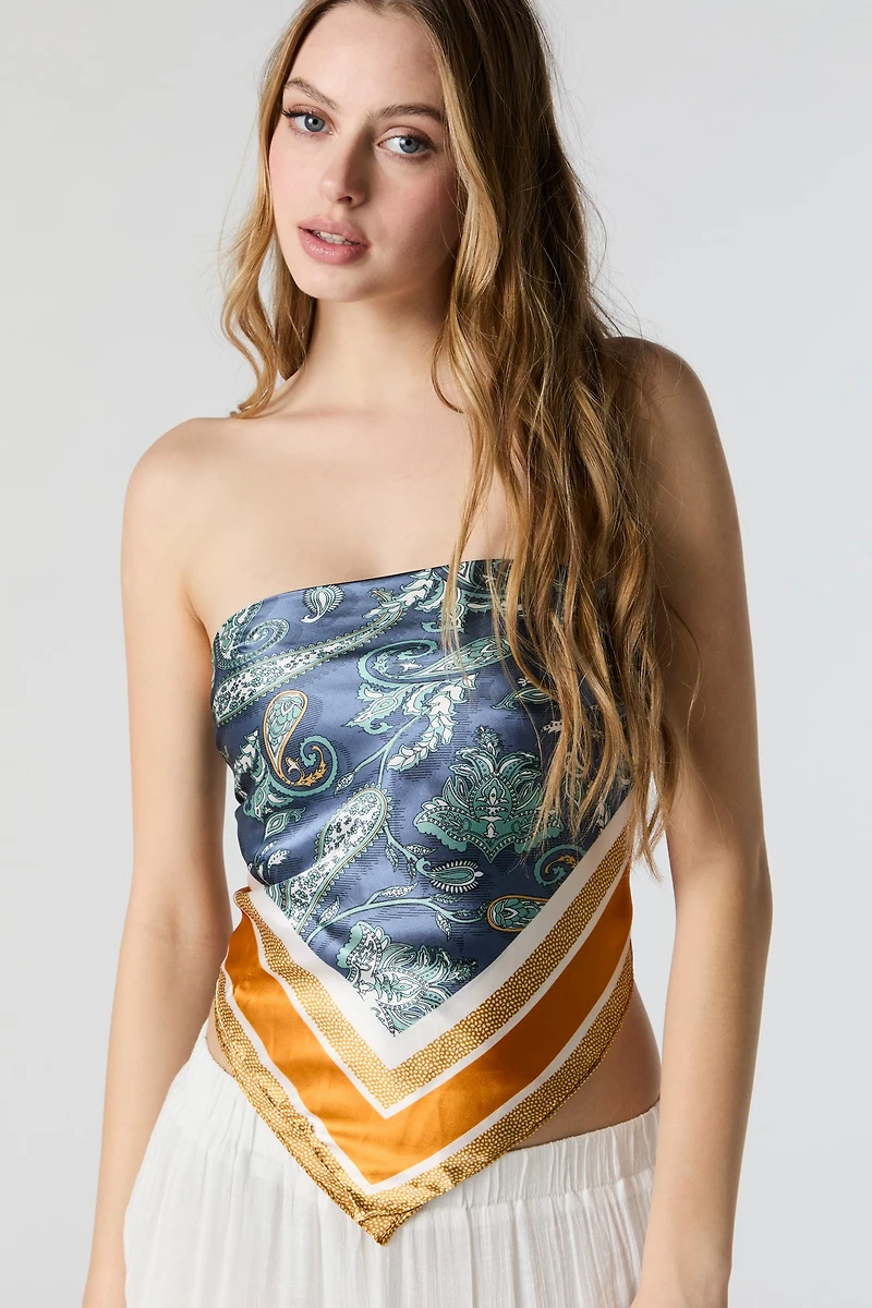 Écharpe multifaçons en satin avec bordure à motif cachemire