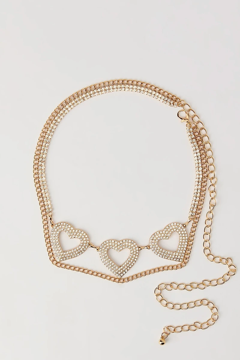 Rhinestone Heart Layered Chain Belt