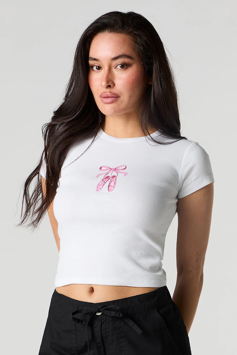 Girly Graphic Ribbed Cropped T-Shirt