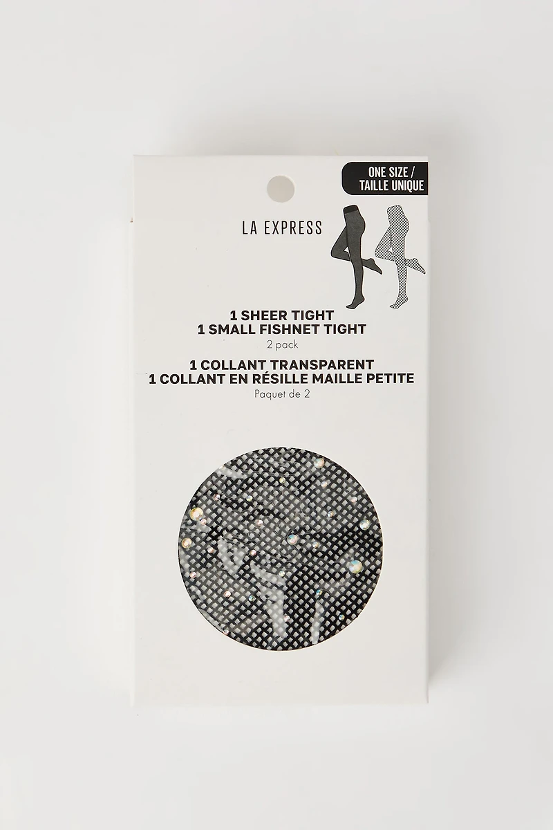 Sheer & Rhinestone Fishnet Tights (2 Pack)