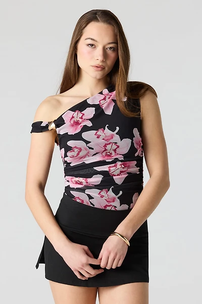 Mesh Metal Cuff One Shoulder Bodysuit