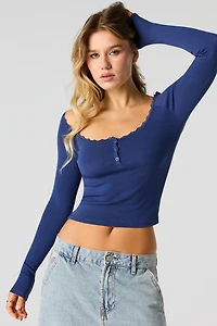 Ribbed Lace Trim Square Neck Long Sleeve Top