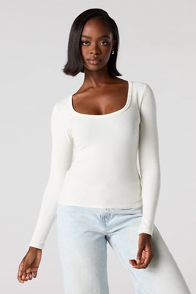 Ribbed Scoop Neck Long Sleeve Top