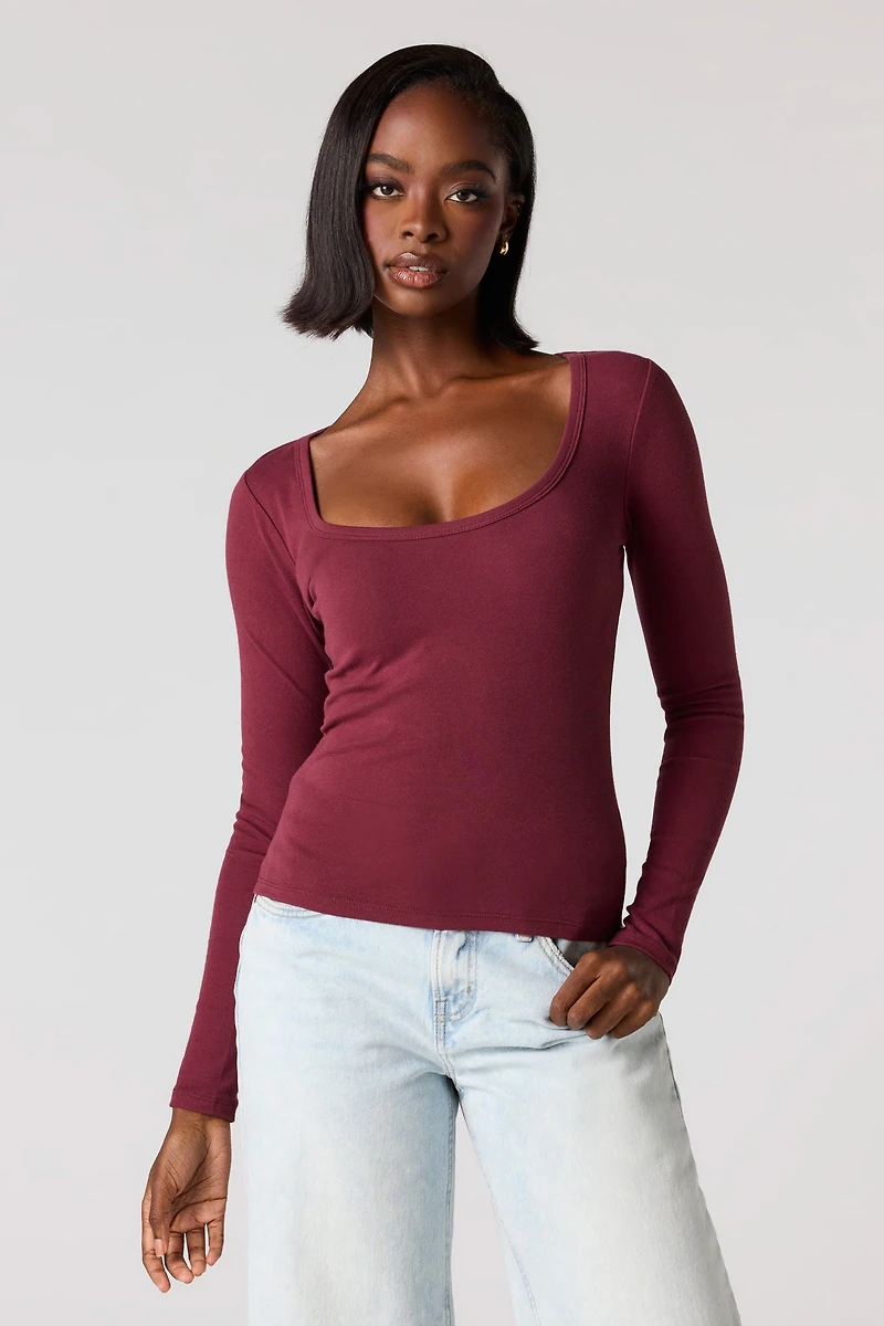 Ribbed Scoop Neck Long Sleeve Top