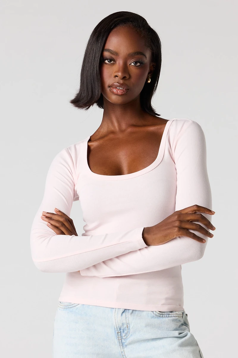 Ribbed Scoop Neck Long Sleeve Top