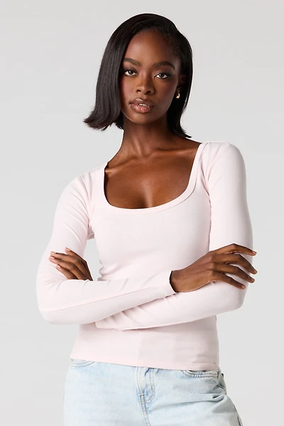Ribbed Scoop Neck Long Sleeve Top
