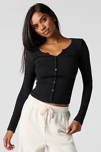 Ribbed Button-Up Long Sleeve Top