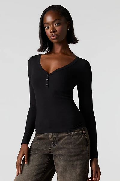 Ribbed Henley Long Sleeve Classic Top