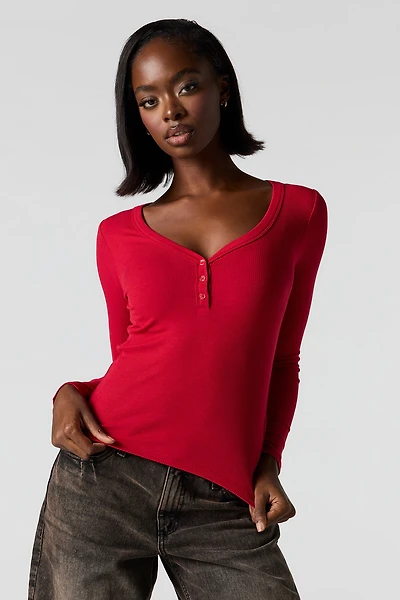 Ribbed Henley Long Sleeve Classic Top