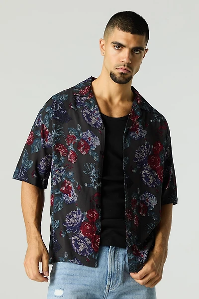 Floral Print Short Sleeve Button-Up Top