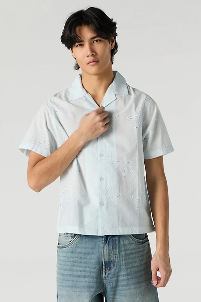Eyelet Leaf Embroidered Button-Up Top