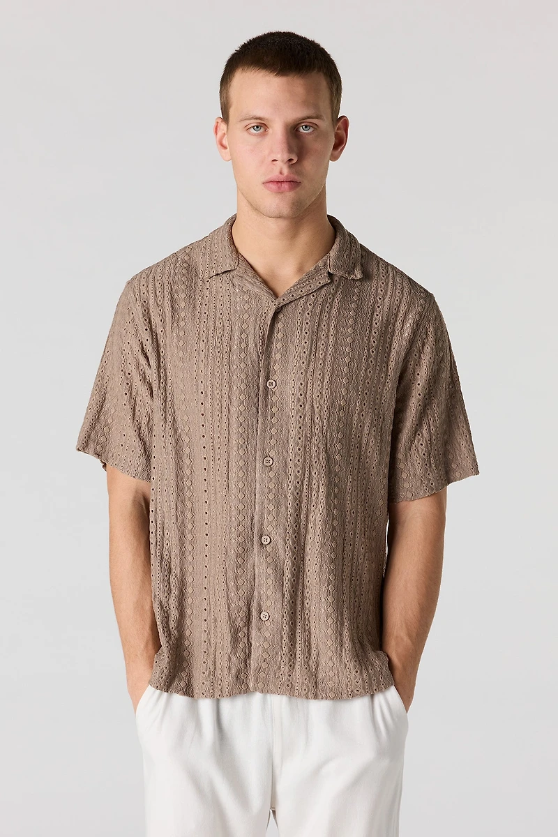 Textured Short Sleeve Button-Up Top