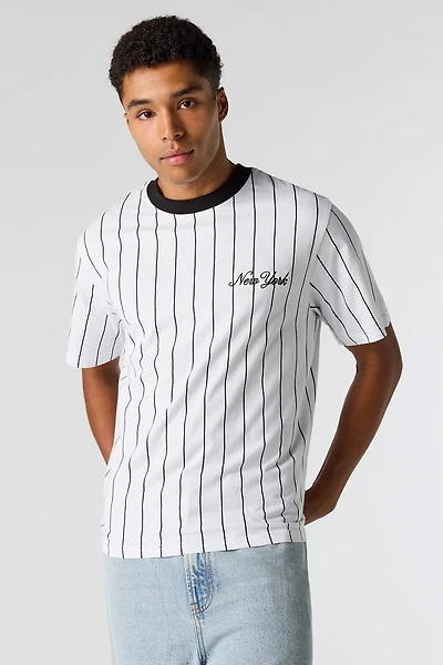 New York Embroidered Pinstriped T-Shirt