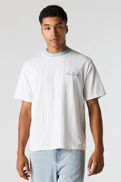 New York Embroidered Pinstriped T-Shirt