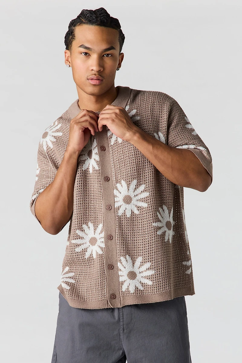 Floral Jacquard Knit Button-Up Top