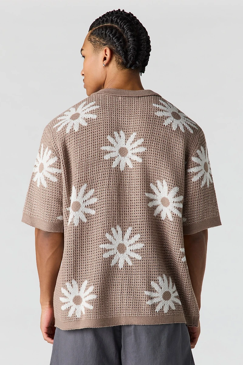 Floral Jacquard Knit Button-Up Top
