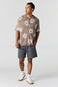 Floral Jacquard Knit Button-Up Top