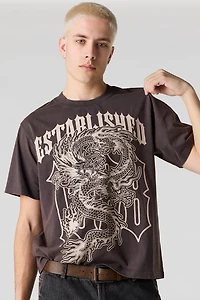 T-shirt délavé à imprimé Dragon