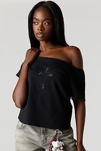 Off Shoulder Rhinestone Patch Top