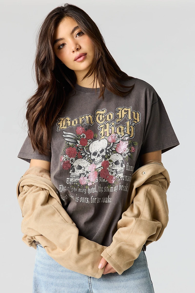 T-shirt de coupe garçonne délavé à imprimé avec pierres du Rhin