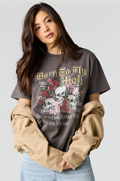 T-shirt de coupe garçonne délavé à imprimé avec pierres du Rhin