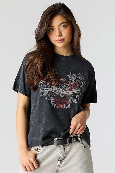 Rhinestone Graphic Washed Boyfriend T-Shirt