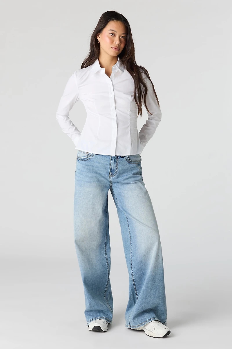 Collared Long Sleeve Slim Button-Up Top