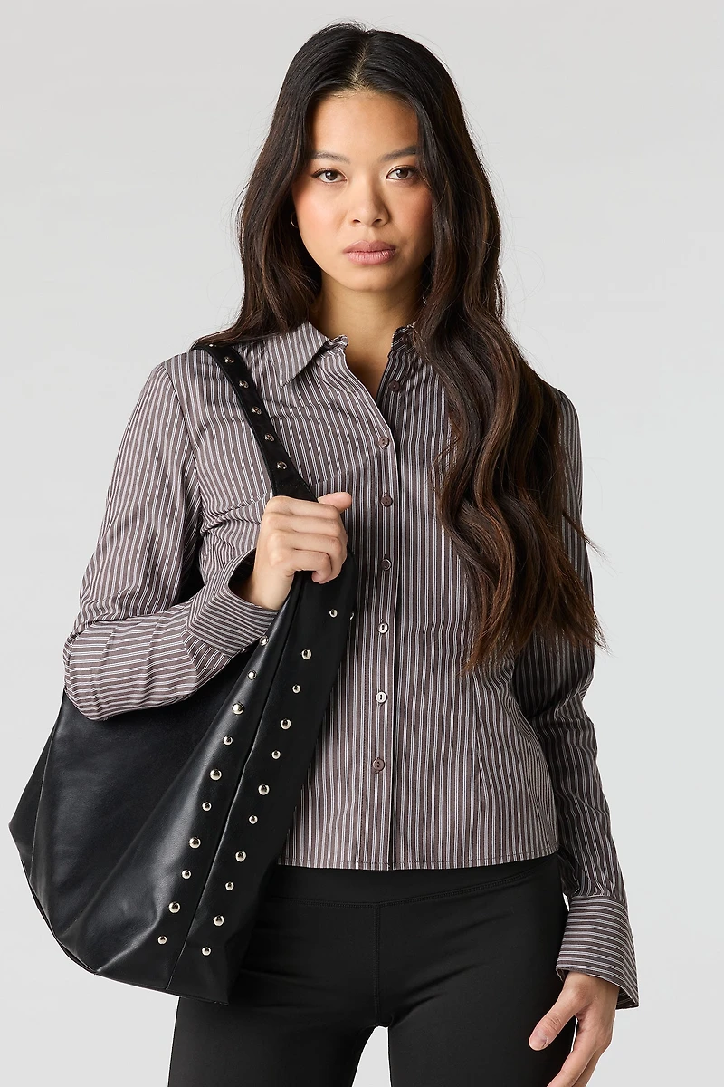Collared Long Sleeve Slim Button-Up Top