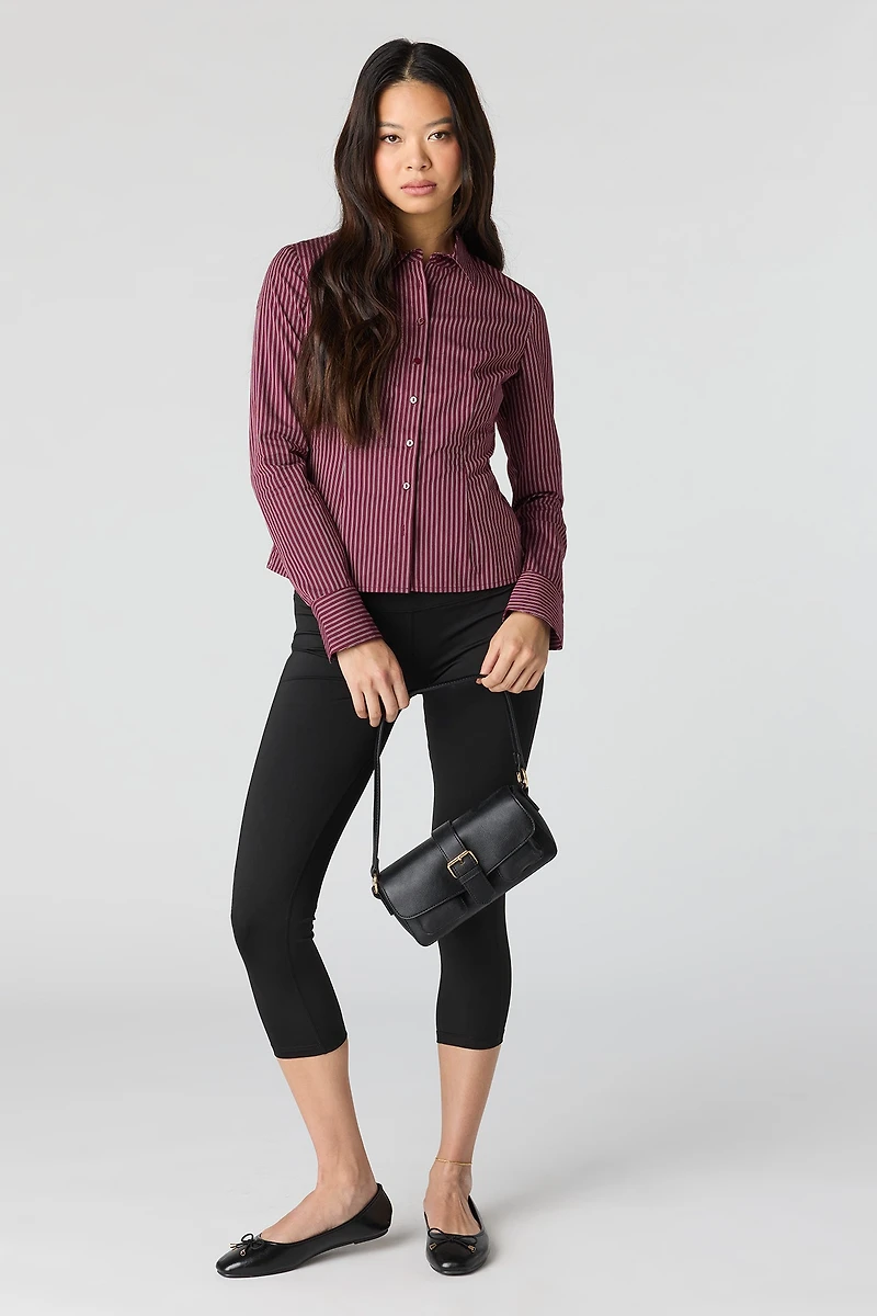 Collared Long Sleeve Slim Button-Up Top