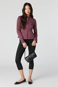 Collared Long Sleeve Slim Button-Up Top