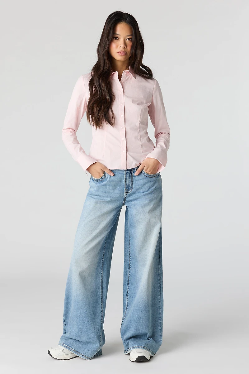 Collared Long Sleeve Slim Button-Up Top