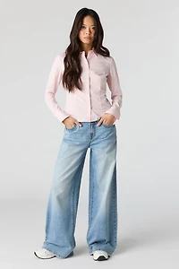Collared Long Sleeve Slim Button-Up Top