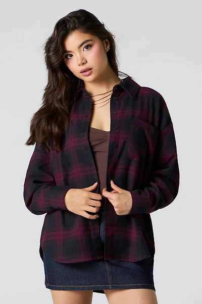 Plaid Flannel Long Sleeve Button-Up Top