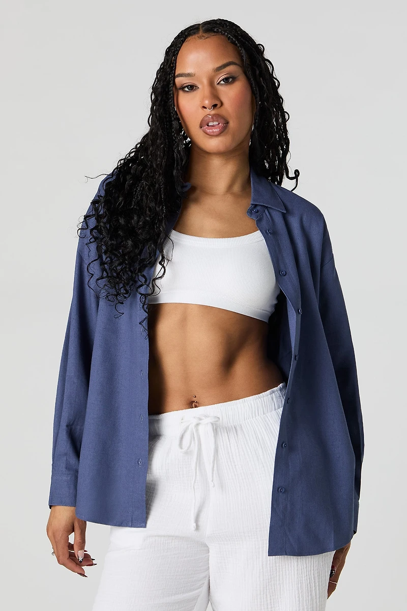 Linen-Blend Oversized Button-Up Top