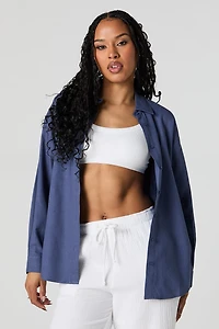 Linen-Blend Oversized Button-Up Top