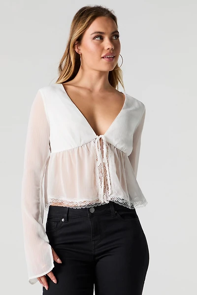 Chiffon Self-Tie Long Sleeve Flyaway Top