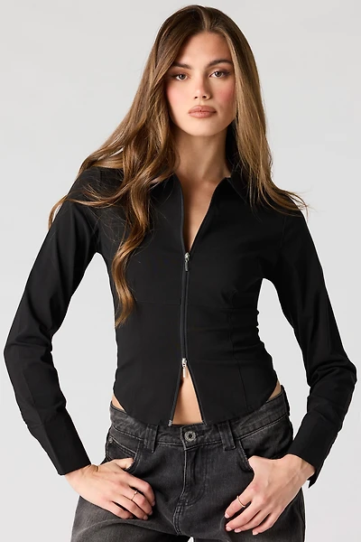 2-Way Zip-Up Long Sleeve Collared Top