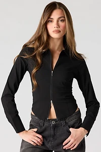 2-Way Zip-Up Long Sleeve Collared Top
