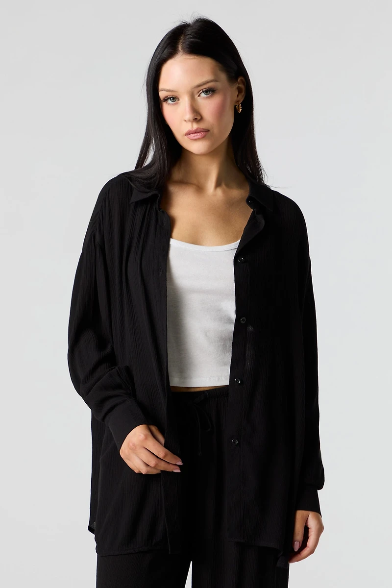 Crinkle Oversized Button-Up Top
