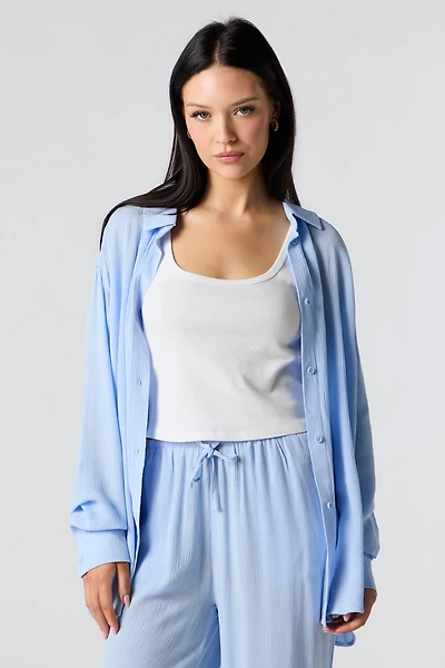 Crinkle Oversized Button-Up Top