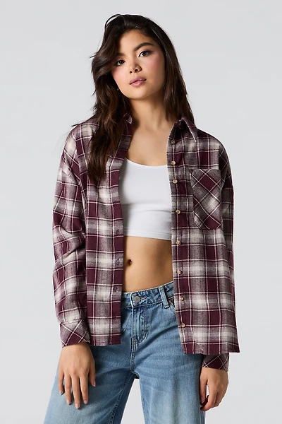 Oversized Plaid Flannel Button-Up Top