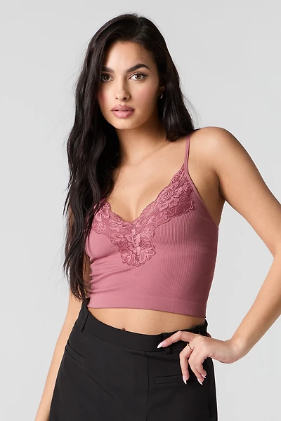 Seamless Lace Cropped Cami with Built-in Cups