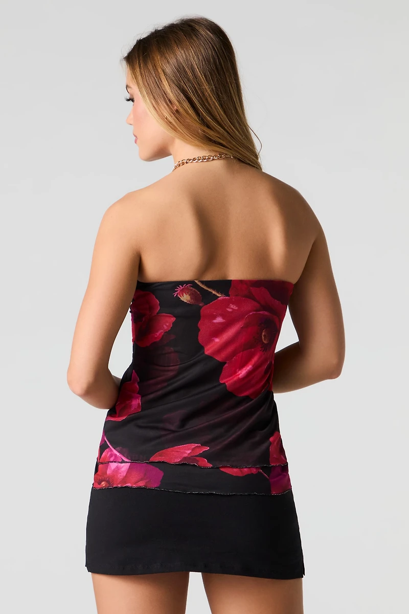 Floral Mesh Front Drawstring Tube Top