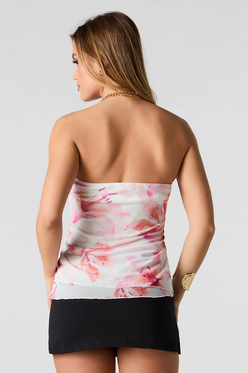 Floral Mesh Front Drawstring Tube Top