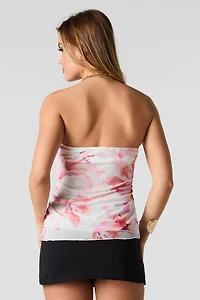 Floral Mesh Front Drawstring Tube Top